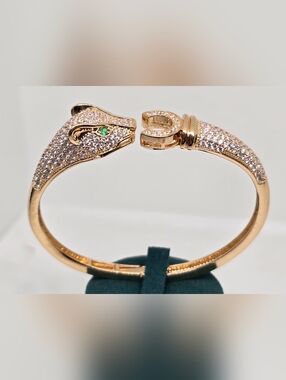 Gold Panther Head Pavé Crystal Hinged Bangle Bracelet - Green Eye